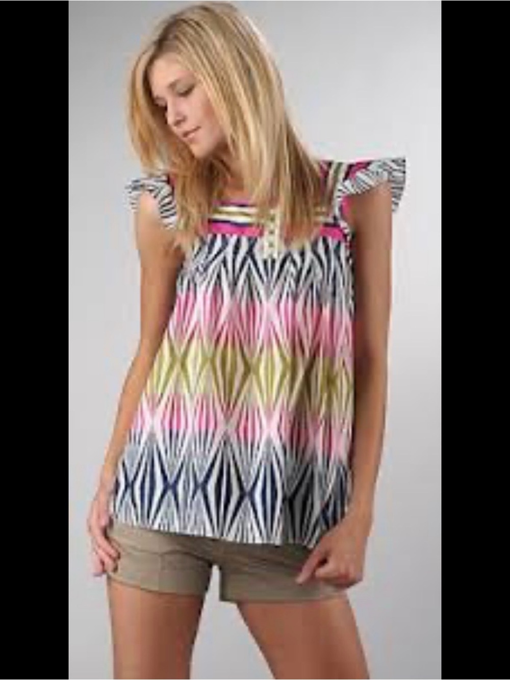EUC Tibi Vintage Scarab Flutter-Sleeve Tank Top in Pink, Green & Navy Size 6